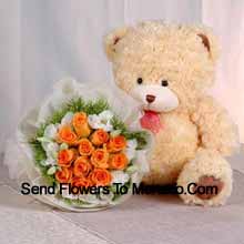 11 Roses Orange avec un mignon ours en peluche