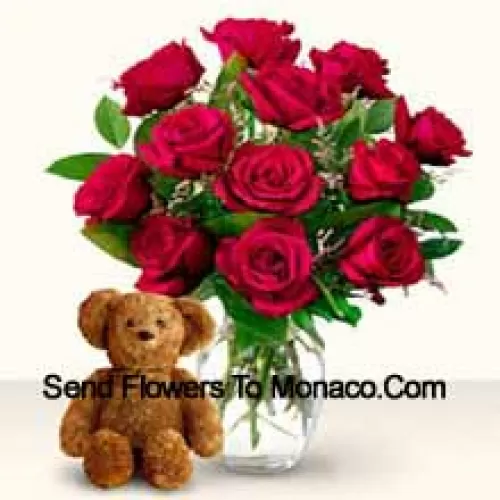 11 Red Roses With Some Ferns In A Glass Vase Along With A Cute 12 Inches Tall Brown Teddy Bear