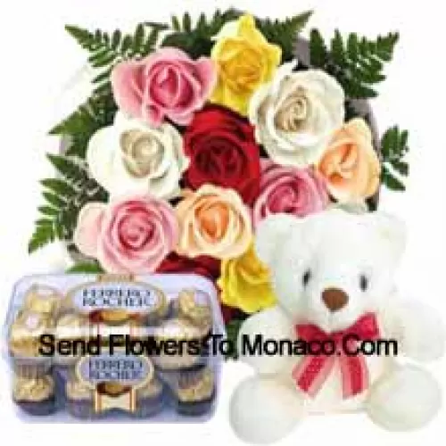 Bunch Of 11 Red Roses With Seasonal Fillers, A Cute 12 Inches Tall White Teddy Bear And A Box Of 16 Pcs Ferrero Rochers