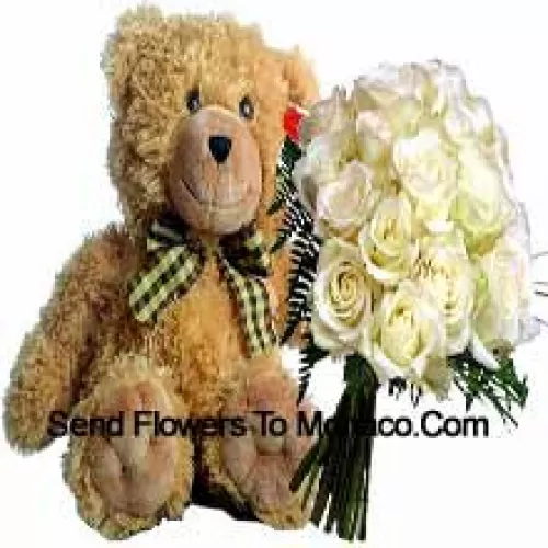 Bouquet de 19 roses blanches avec des remplisseurs saisonniers accompagnés d'un mignon ours en peluche brun de 14 pouces de hauteur