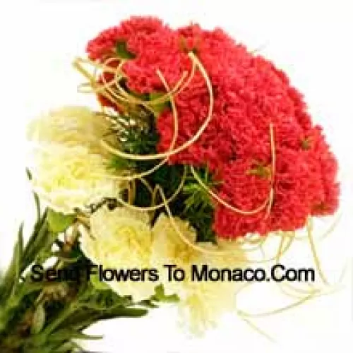 Bunch Of 24 Red And 11 Yellow Carnations With Seasonal Fillers