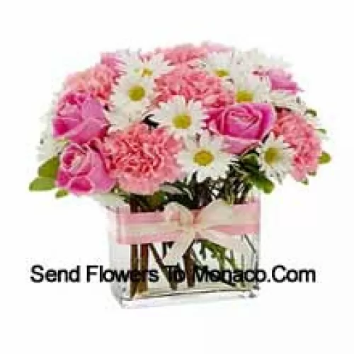 Pink Roses, Pink Carnations And Assorted White Seasonal Flowers Arranged Beautifully In A Glass Vase