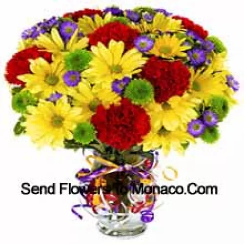 Red Carnations And Yellow Gerberas Beautifully Arranged In A Vase -- 25 Stems And Fillers