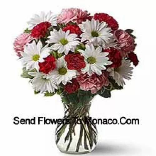 Red Carnations, Pink Carnations And White Gerberas With Seasonal Fillers In A Glass Vase -- 25 Stems And Fillers