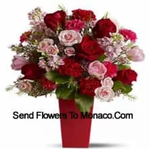 Red Roses, Red Carnations And Pink Roses With Seasonal Fillers In A Glass Vase -- 25 Stems And Fillers