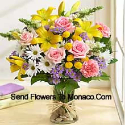 Pink Roses, Pink Carnations, White Gerberas And Yellow Lilies With Seasonal Fillers In A Glass Vase