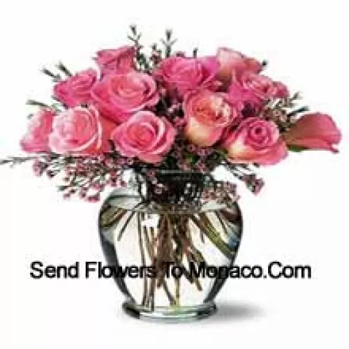 11 Pink Roses With Some Ferns In A Vase