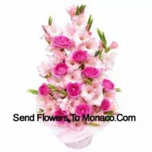 Basket Of Pink Roses And Gladiolus