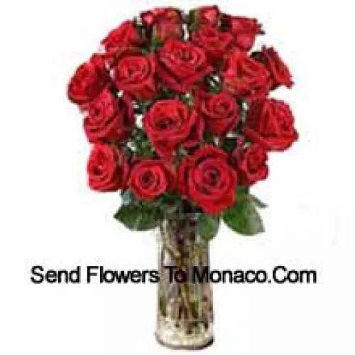 19 Red Roses With Some Ferns In A Vase