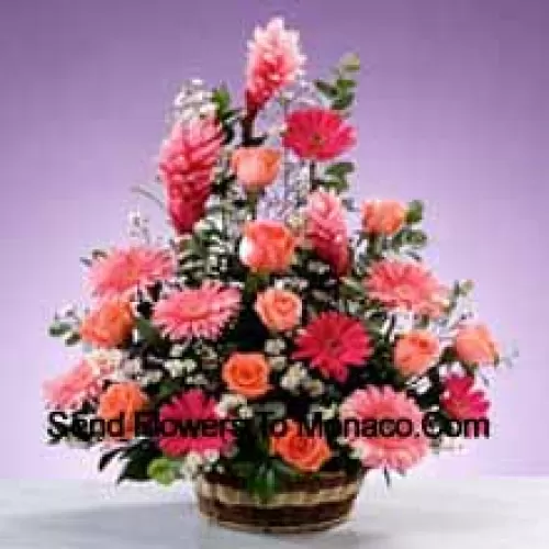 Basket Of Assorted Flowers Including Gerberas, Roses and Seasonal Fillers