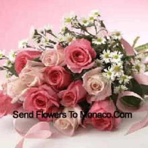 Bunch Of 11 Pink Roses With Purple Statice