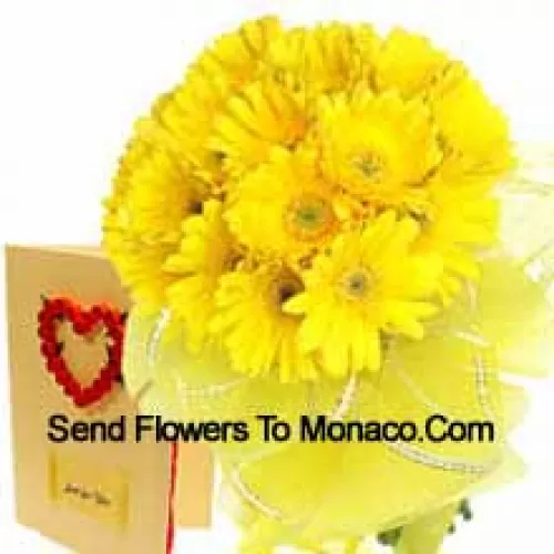 Buchet de 19 gerbera galbene cu un card gratuit de felicitare