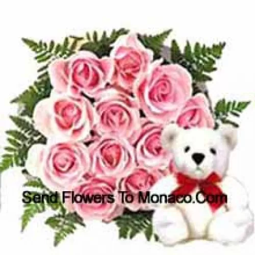 Bunch Of 11 Pink Roses With A Cute Teddy Bear