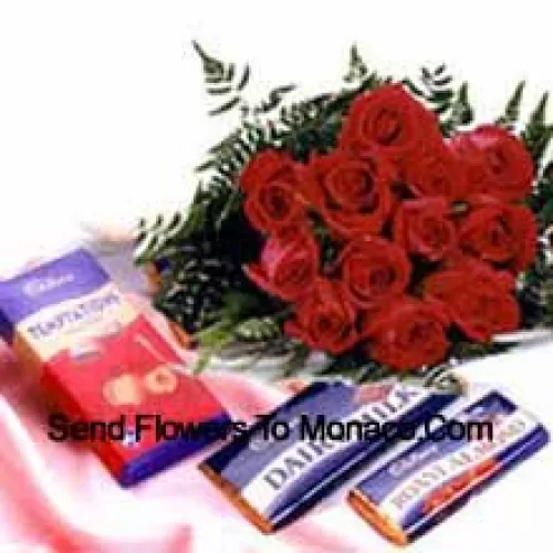 Ramo de 11 rosas rojas con chocolates surtidos