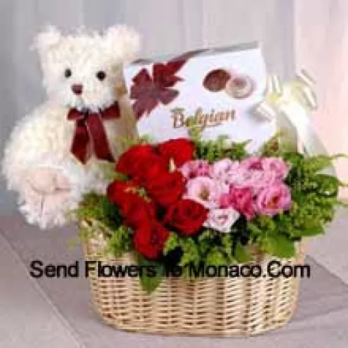 Basket Of Red And Pink Roses, A Box Of Chooclate And A Cute Teddy Bear