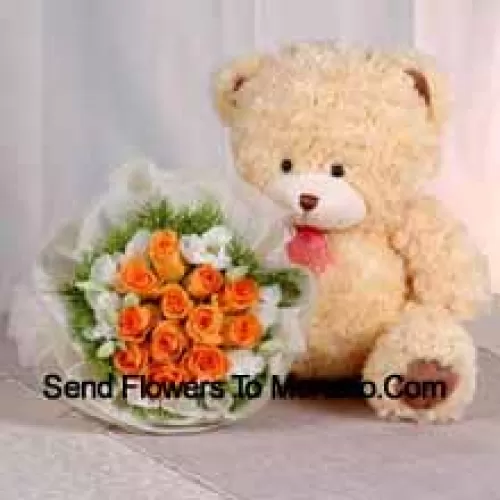 Bunch Of 11 Orange Roses And A Medium Sized Cute Teddy Bear