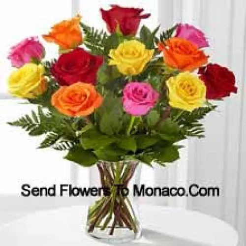 11 Mixed Colored Roses With Some Ferns in A Vase