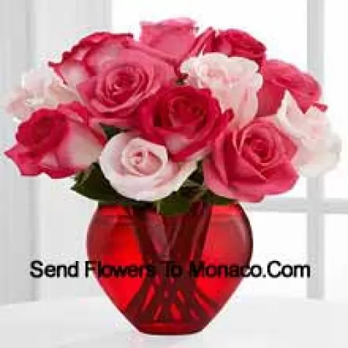 8 Dark Pink Roses With 5 Light Pink Roses In A Glass Vase