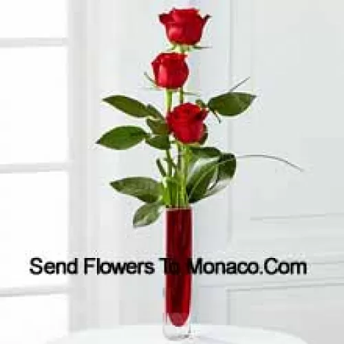 Three Red Roses In A Red Test Tube Vase (We Reserve The Right To Substitute The Vase In Case Of Non-Availability. Limited Stock)