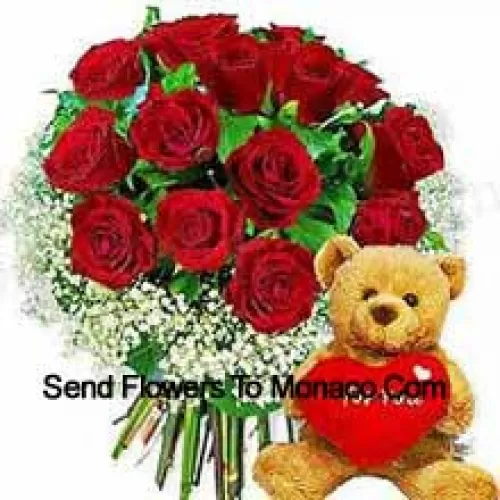 Bunch Of 11 Red Roses With Seasonal Fillers And A Cute Brown 8 Inches Teddy Bear