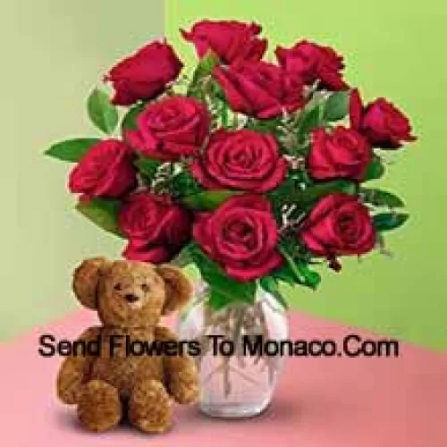 11 Red Roses With Some Ferns In A Vase And A Cute Brown 8 Inches Teddy Bear