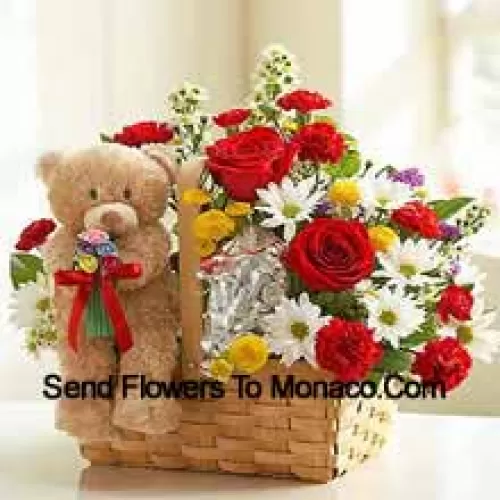 Panier de fleurs assorties et un mignon ours en peluche brun de 6 pouces