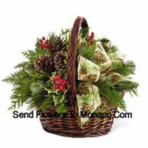 This Bouquet?is an expression of holiday homecoming and heartfelt cheer. Assorted holiday greens, variegated holly, natural pinecones, red berry pics and cinnnamon sticks are lovingly arranged in a dark brown bamboo basket accented with an ivory holiday ribbon creating a seasonal sentiment of peace and goodwill. (Please Note That We Reserve The Right To Substitute Any Product With A Suitable Product Of Equal Value In Case Of Non-Availability Of A Certain Product)