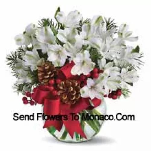 Share the magic of a white Christmas with this cheery bouquet of snowy white alstroemeria blossoms arranged in vase with festive holiday trim. (Please Note That We Reserve The Right To Substitute Any Product With A Suitable Product Of Equal Value In Case Of Non-Availability Of A Certain Product)