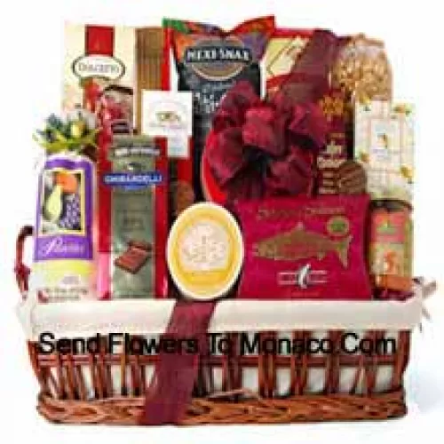 When you need to feed a crowd, just deliver this generous holiday gift basket. It's all decked out and ready for the party. We've included plenty of ready to eat gourmet food for them to enjoy, like Ghirardelli Chocolate Raspberry Squares, Pistachios, White Corn Chips and Salsa, Chocolate Wafer Cookies, Dolcetto Wafer Rolls, Amaretto Almond Cookies, Chocolate Covered Cherries, Smoked Salmon, Brie Cheese, Cracked Pepper Crackers, Cheese Straws, Chocolate Covered Sandwich Cookies, and Mocha Almonds. (Please Note That We Reserve The Right To Substitute Any Product With A Suitable Product Of Equal Value In Case Of Non-Availability Of A Certain Product)