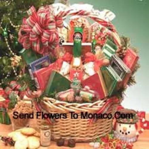 This Basket includes 2 oz White Cheddar Popcorn, 3 oz Holiday Confetti Corn, 8 oz Butter Toffee pretzels, Chocolate Cherry Delights, Chocolate Mint Delights, Peanut Butter Delights, Coconut Delights, 3 oz Summer Sausage, 3 oz Beef Salami, Grained Mustard, Stone Wheat Crackers, Happy Holidays Theme Bag with Starlite Mints, Creamy Brie Cheese Spread, Creamy Vegetable Spread, Chocolate Walnut Fudge, Holiday Tavolare Savory Snack Mix, Wolfgang Puck Gourmet Coffee, Holiday Cocoa and 4 oz. Honey Sweet Peanuts. (Please Note That We Reserve The Right To Substitute Any Product With A Suitable Product Of Equal Value In Case Of Non-Availability Of A Certain Product)