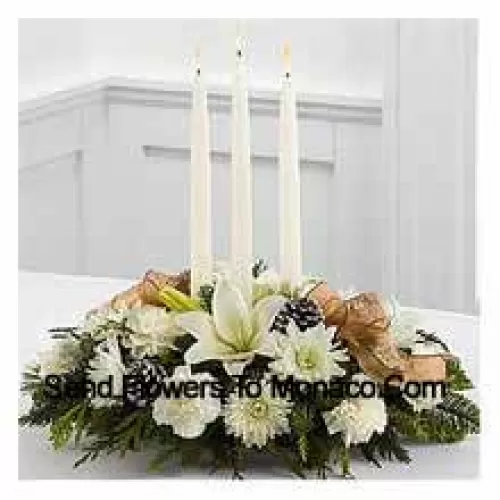 Celebrates the holiday season with winter grace and style. White Asiatic lilies, carnations and chrysanthemums create an exquisite display accented with holiday greens, snow-tipped pinecones and sheer copper ribbon. Surrounding three white taper candles, this holiday centerpiece will add light and love to their seasonal celebration. (Please Note That We Reserve The Right To Substitute Any Product With A Suitable Product Of Equal Value In Case Of Non-Availability Of A Certain Product)