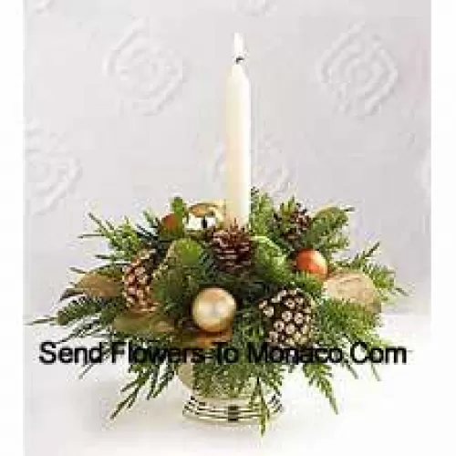 Wish all of those faces at your holiday feast a good night, glowing with seasonal dreams, with this gorgeous centerpiece perfectly accenting your table. A lovely mix of holiday greens are beautifully decorated with pine cones, golden leaves, golden holiday balls and a white taper candle setting the perfect mood and seasonal glow (Please Note That We Reserve The Right To Substitute Any Product With A Suitable Product Of Equal Value In Case Of Non-Availability Of A Certain Product)